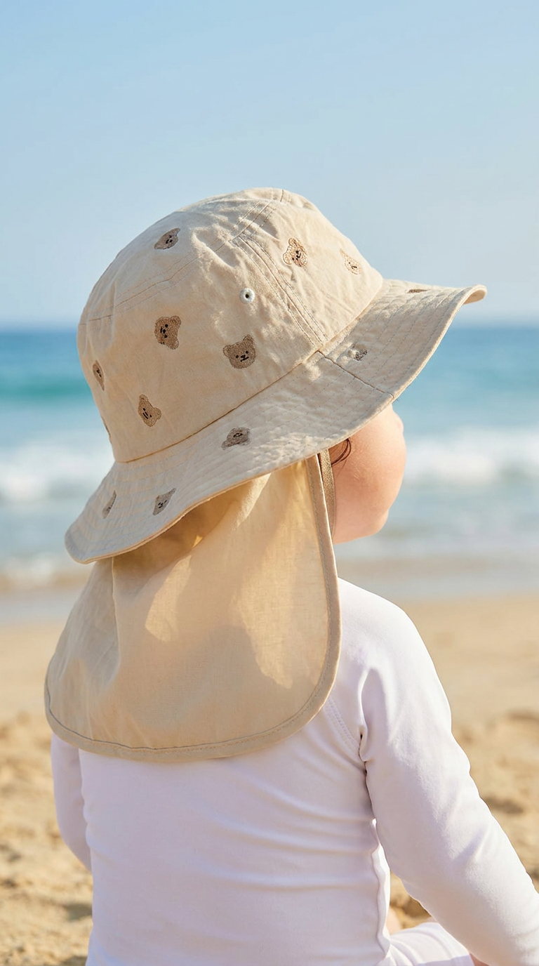 Chapeau de Soleil pour Bébé avec Couvre-Nuque Brodé « Petit Ours » – Beige