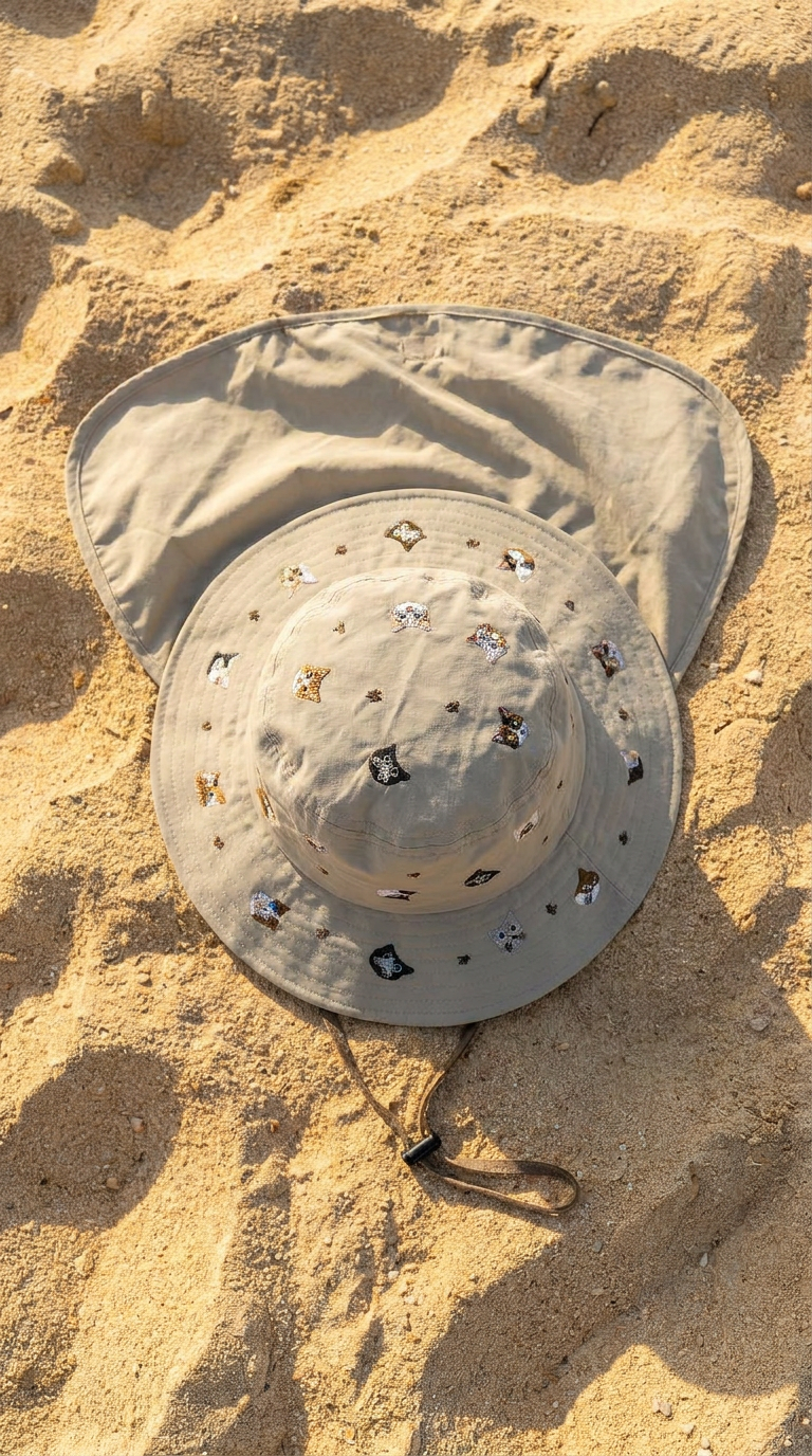 Chapeau de Soleil pour Bébé avec Couvre-Nuque Brodé « Chatons » – Gris
