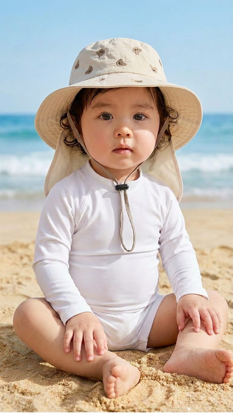 Chapeau de Soleil pour Bébé avec Couvre-Nuque Brodé « Petit Ours » – Beige