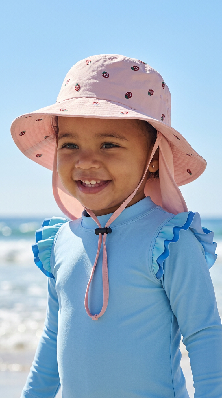 Chapeau de Soleil pour Bébé avec Couvre-Nuque Brodé « Fraises » – Rose Poudré
