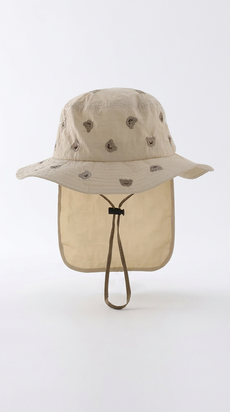 Chapeau de Soleil pour Bébé avec Couvre-Nuque Brodé « Petit Ours » – Beige