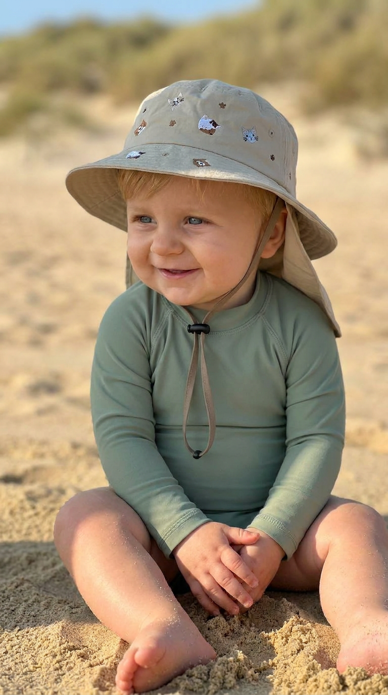 Chapeau de Soleil pour Bébé avec Couvre-Nuque Brodé « Chatons » – Gris