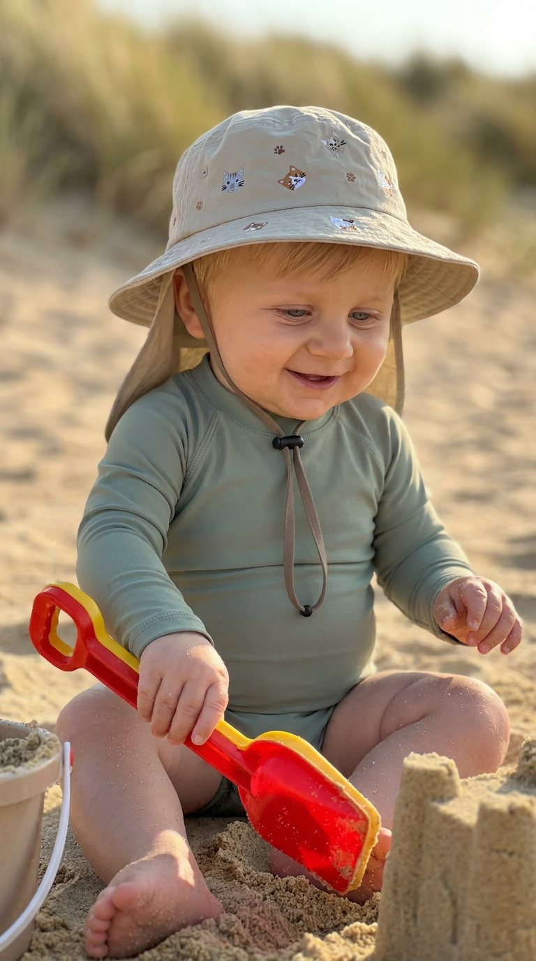 Chapeau de Soleil pour Bébé avec Couvre-Nuque Brodé « Chatons » – Gris
