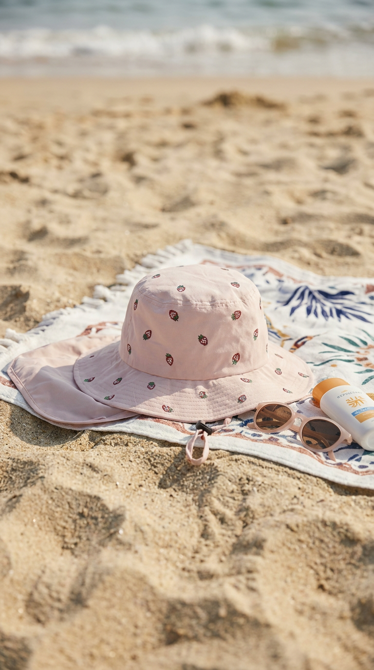 Chapeau de Soleil pour Bébé avec Couvre-Nuque Brodé « Fraises » – Rose Poudré