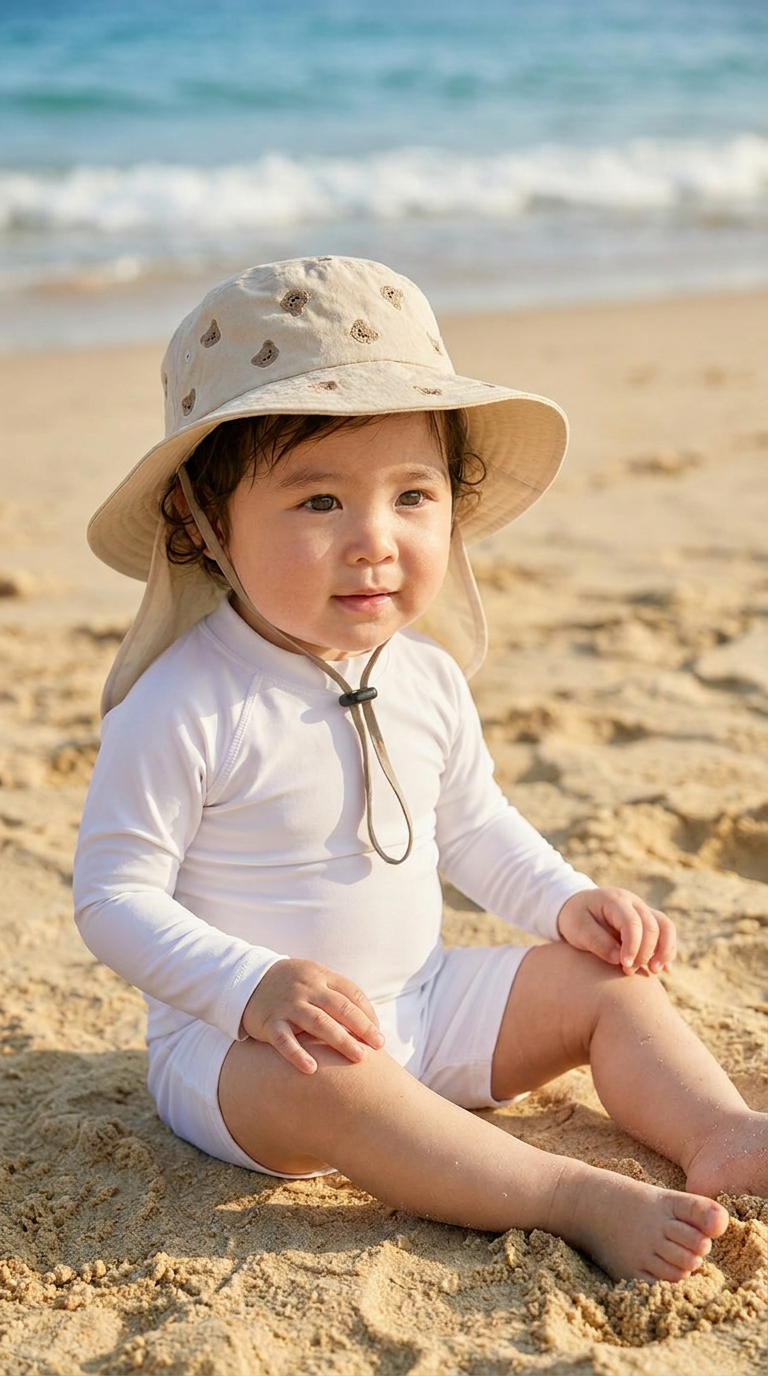 Chapeau de Soleil pour Bébé avec Couvre-Nuque Brodé « Petit Ours » – Beige