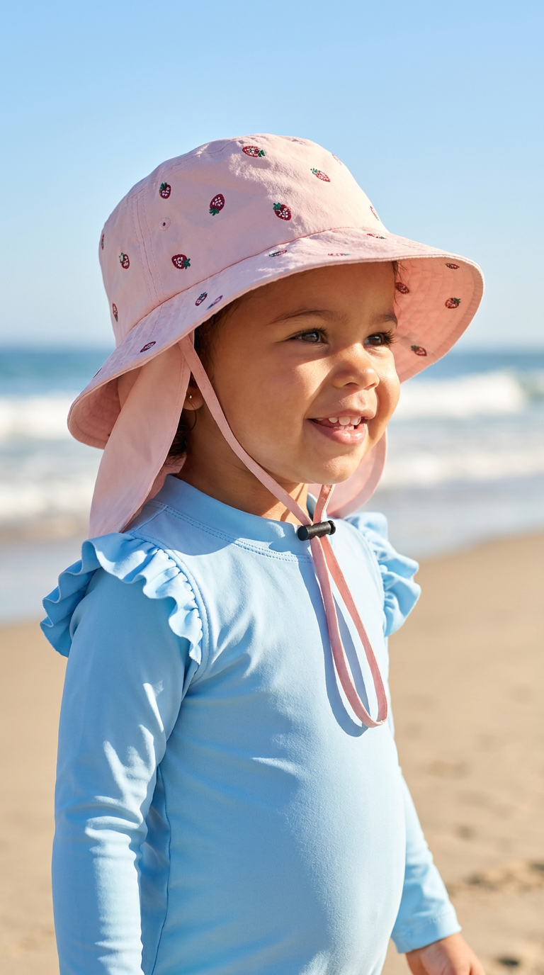 Chapeau de Soleil pour Bébé avec Couvre-Nuque Brodé « Fraises » – Rose Poudré