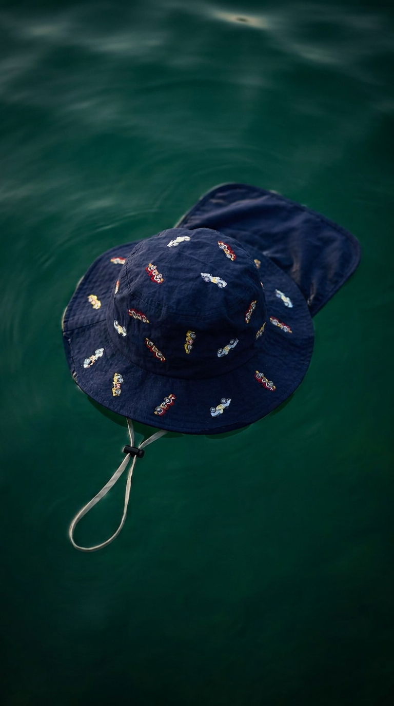 Chapeau de Soleil pour Bébé avec Couvre-Nuque Brodé « Pilote » – Marine