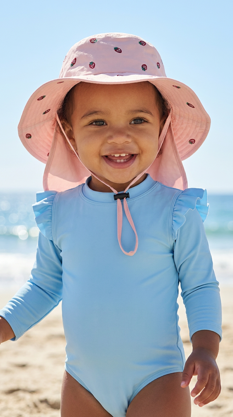 Chapeau de Soleil pour Bébé avec Couvre-Nuque Brodé « Fraises » – Rose Poudré
