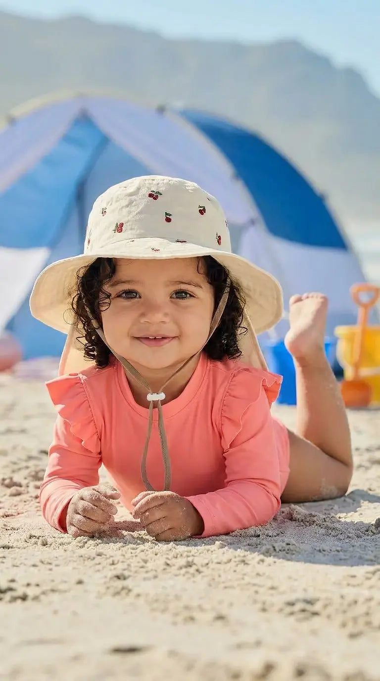 Chapeau de Soleil pour Bébé avec Couvre-Nuque Brodé « Cerises » – Blanc Ivoire
